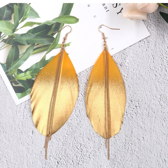 Exotic Feather Dipped in Gold Long Earrings 4in - Picture 3 of 5